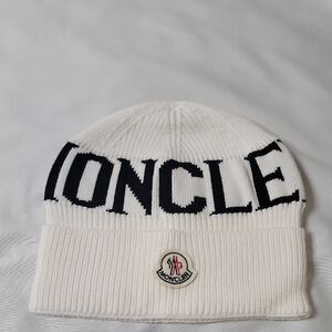 Moncler Ivory Knit Beanie with Black Lettering